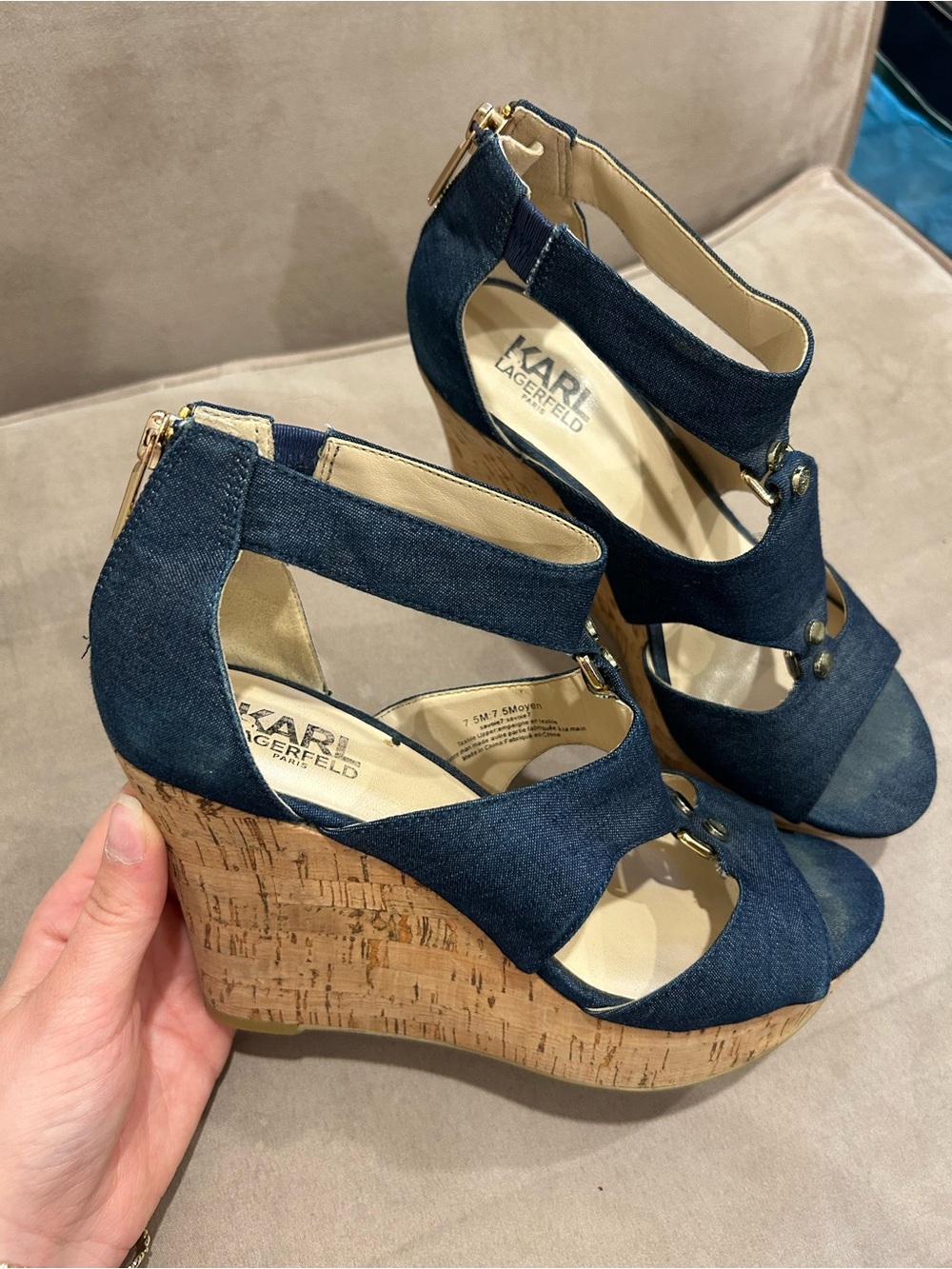 Karl Lagerfeld Dark Blue Denim Cork Wedge Sandals
